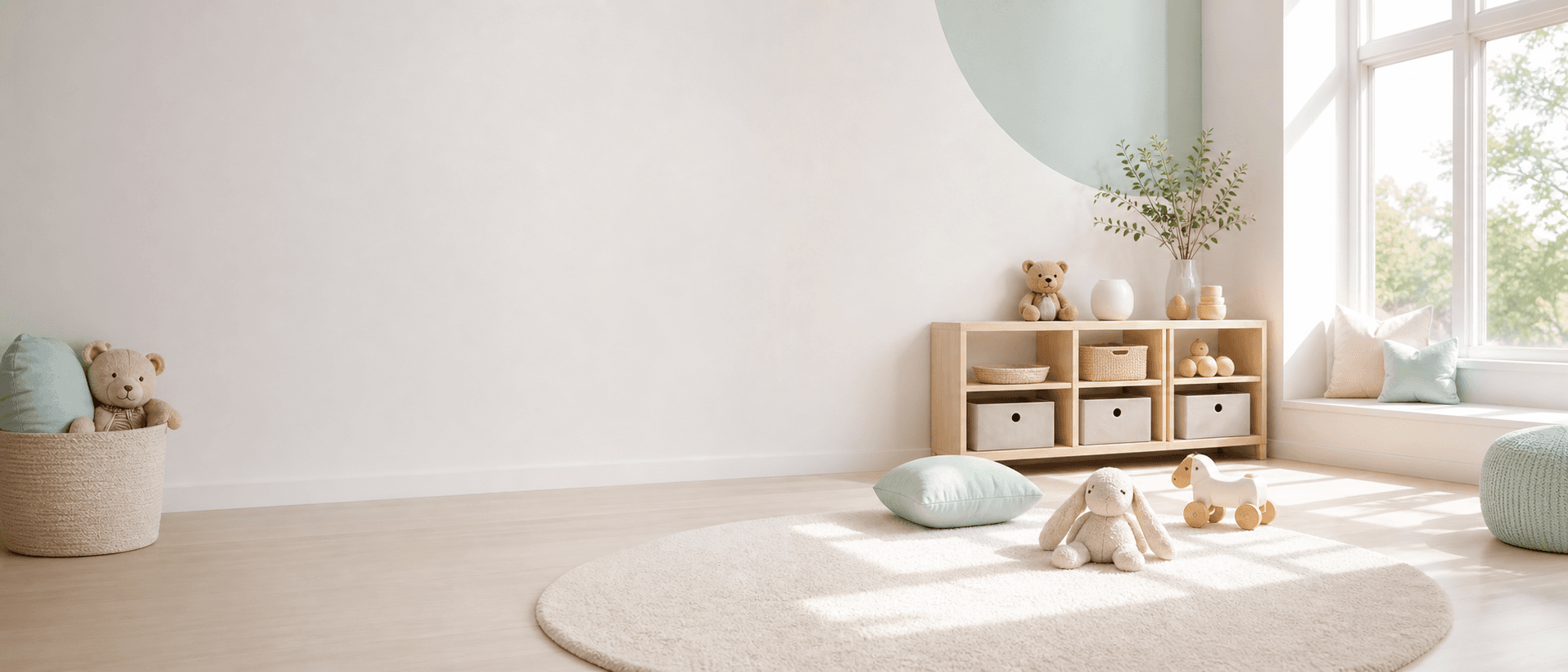 Illustrative childcare scene in fresh minimal style (decorative, not the actual business)