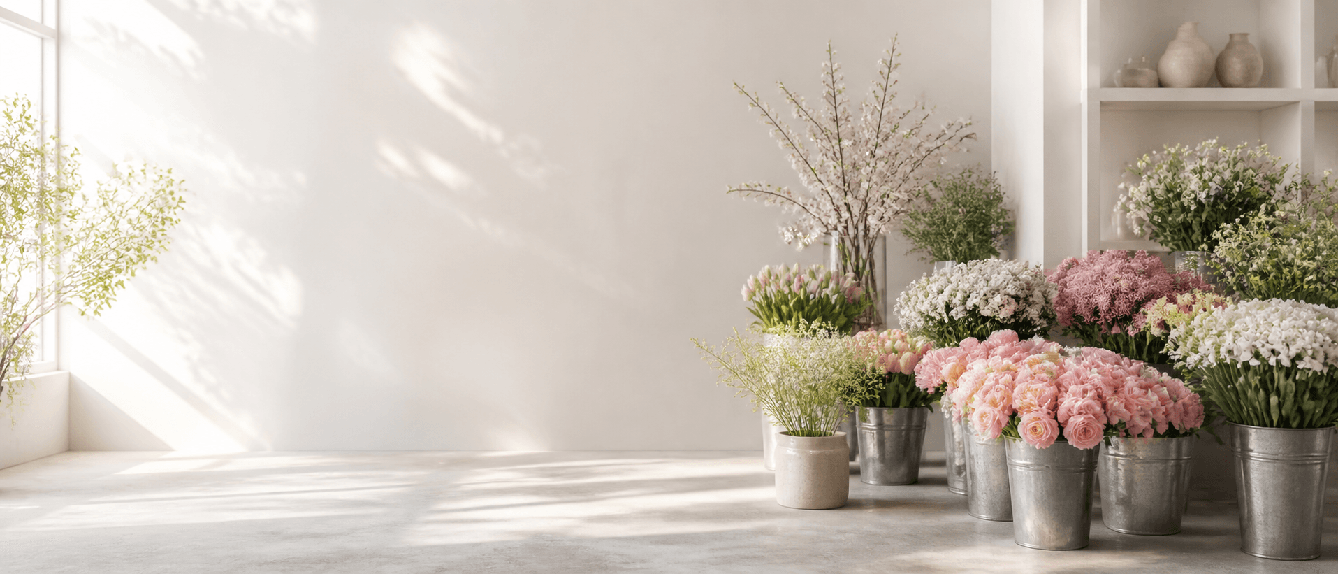 Illustrative florist scene in fresh minimal style (decorative, not the actual business)