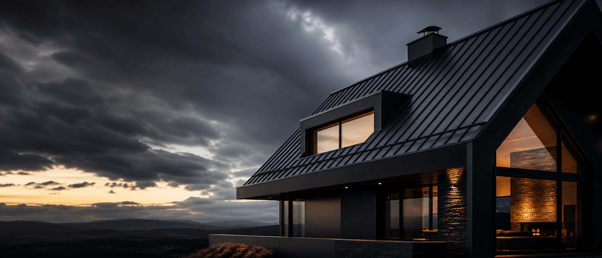 Illustrative roofing scene in bold cinematic style (decorative, not the actual business)