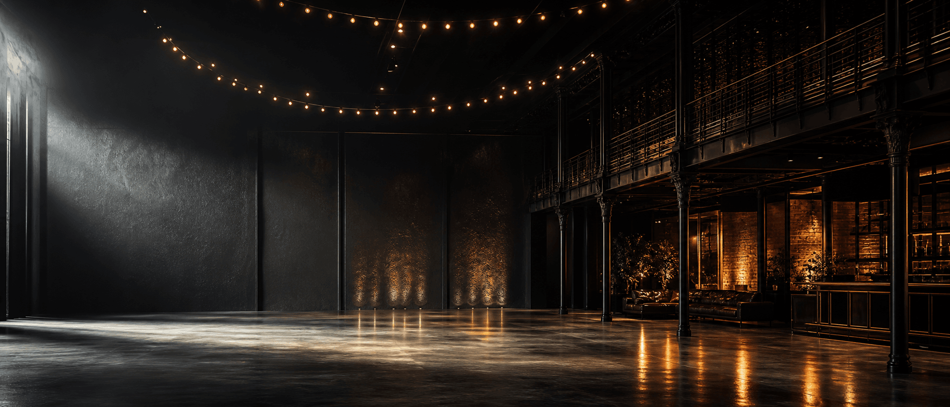 Illustrative venue scene in bold cinematic style (decorative, not the actual business)